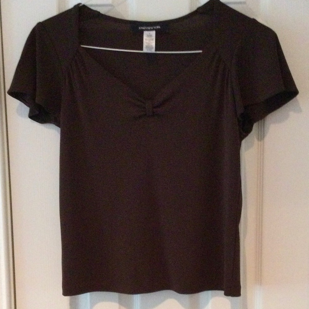 Jones New York Womens Size Small Brown Short-Sleeve Neck Top with Knot Detail